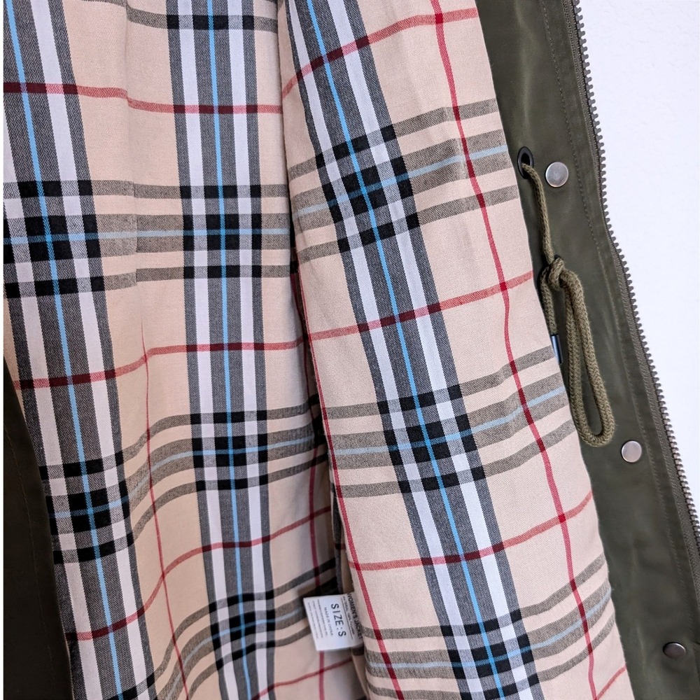 Saphirose Long Anorak Jacket Plaid Lined Olive Green Size‎ S - Picture 8 of 9